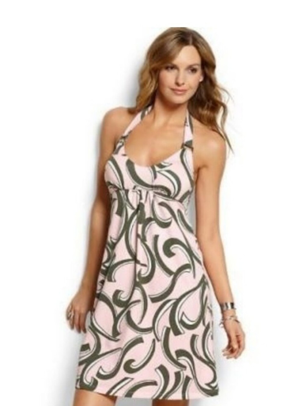 Tommy Bahama Pink Halter Mini Dress with Olive Swirl Print